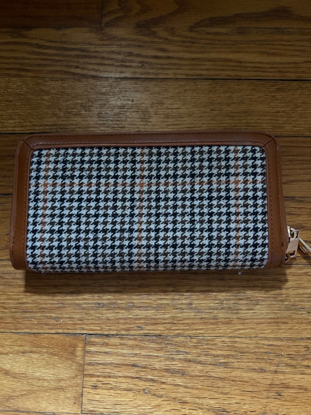 a new day Black & White Houndstooth Wallet with Brown Trim